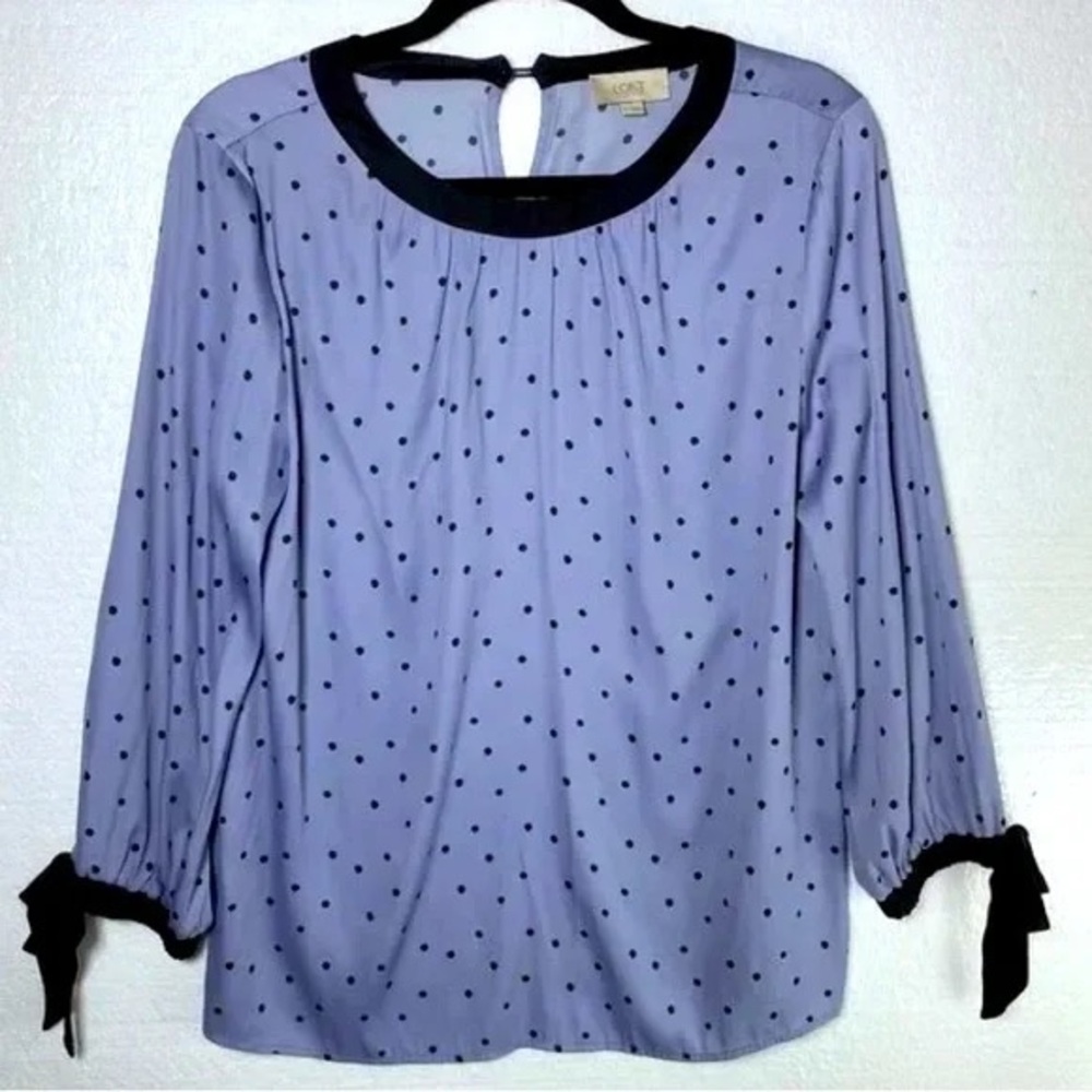LOFT Blue Polka Dot Blouse with 3/4 Sleeves and Bows